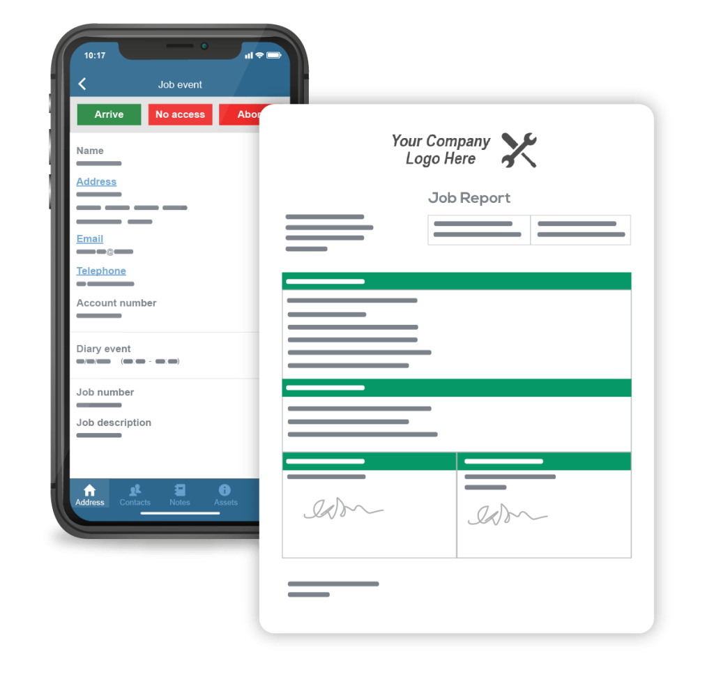 Example of a job report and a job event on mobile app