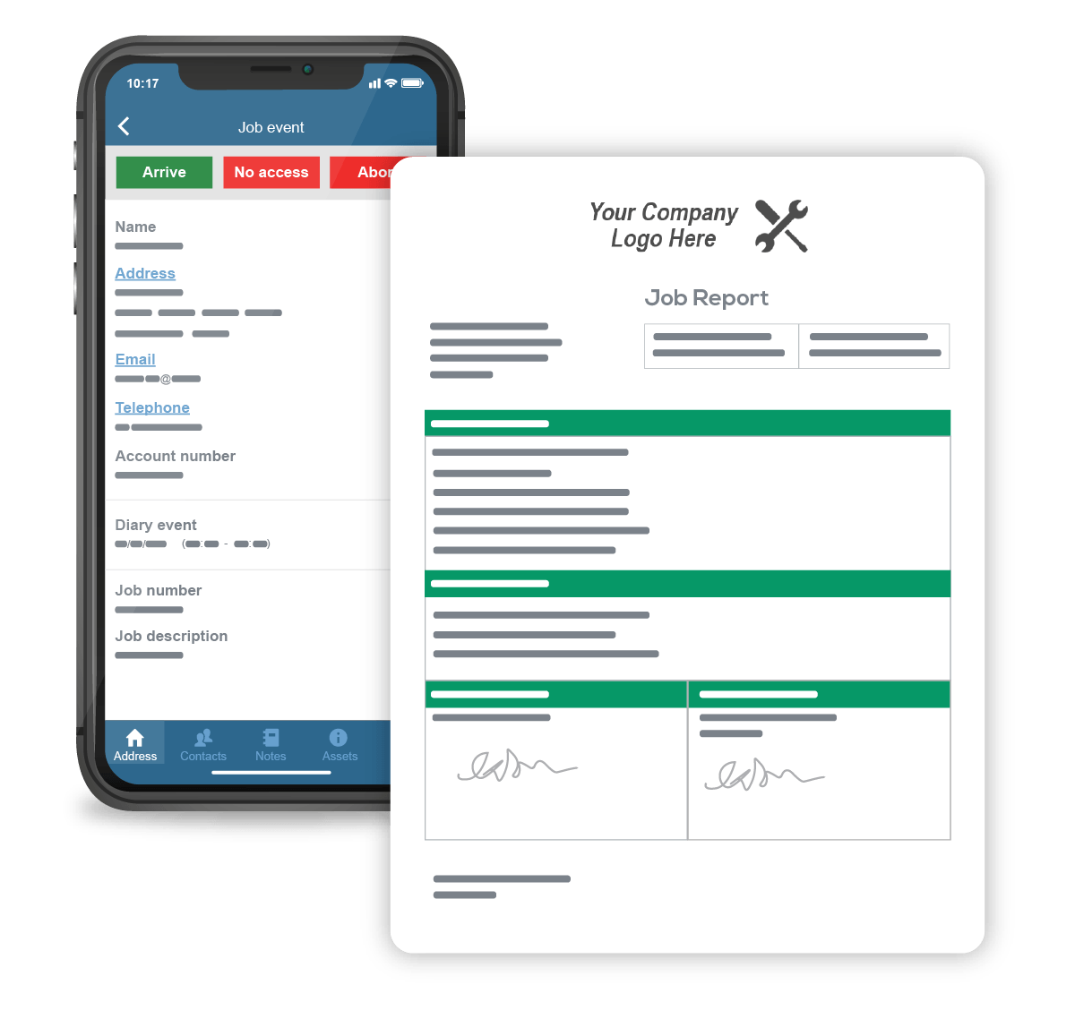 Example of a job report and a job event on mobile app