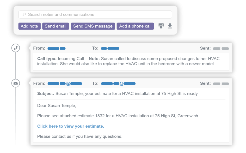 customer relationship management system with past communications