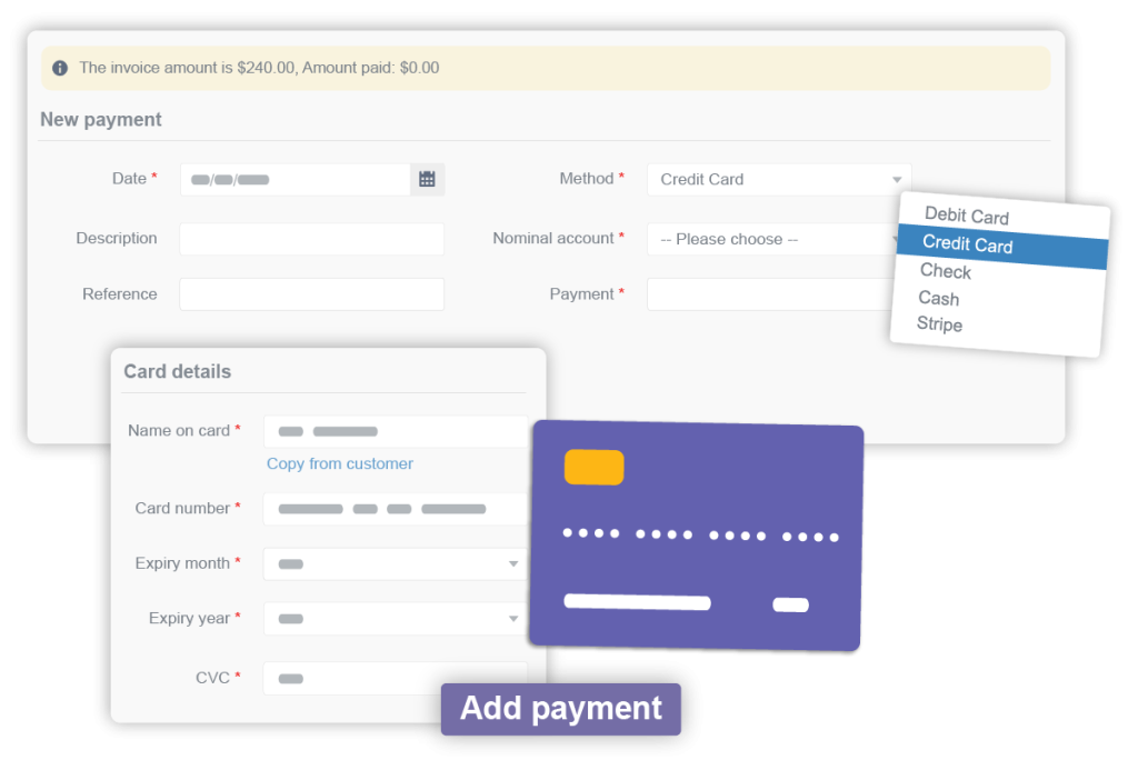 Example of how to add new payments, including adding card details