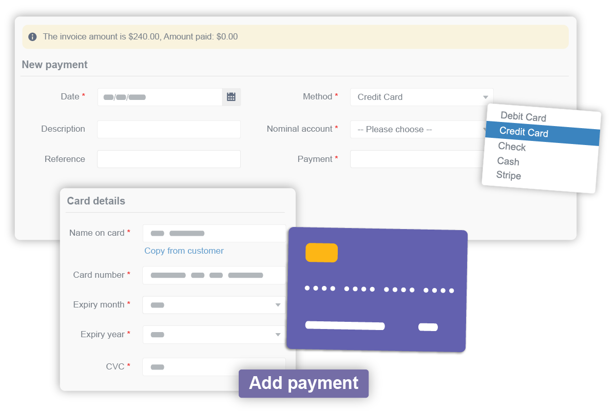 Example of how to add new payments, including adding card details