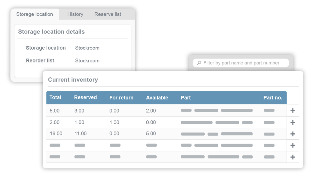 Current inventory and storage location in inventory management feature