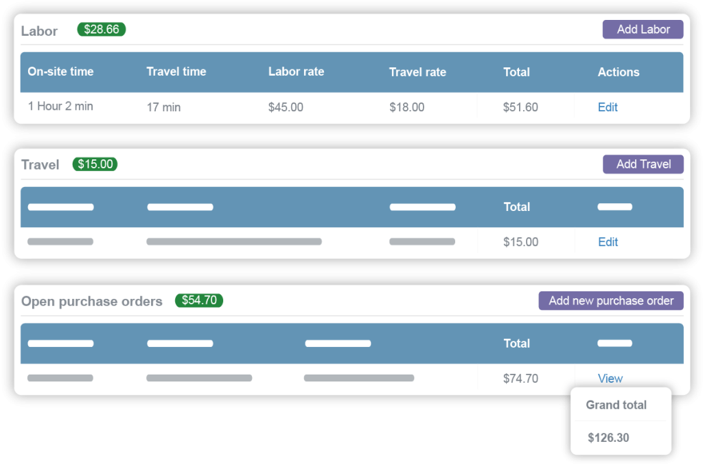 Job costing feature showing labour/travel rates and open purchase orders