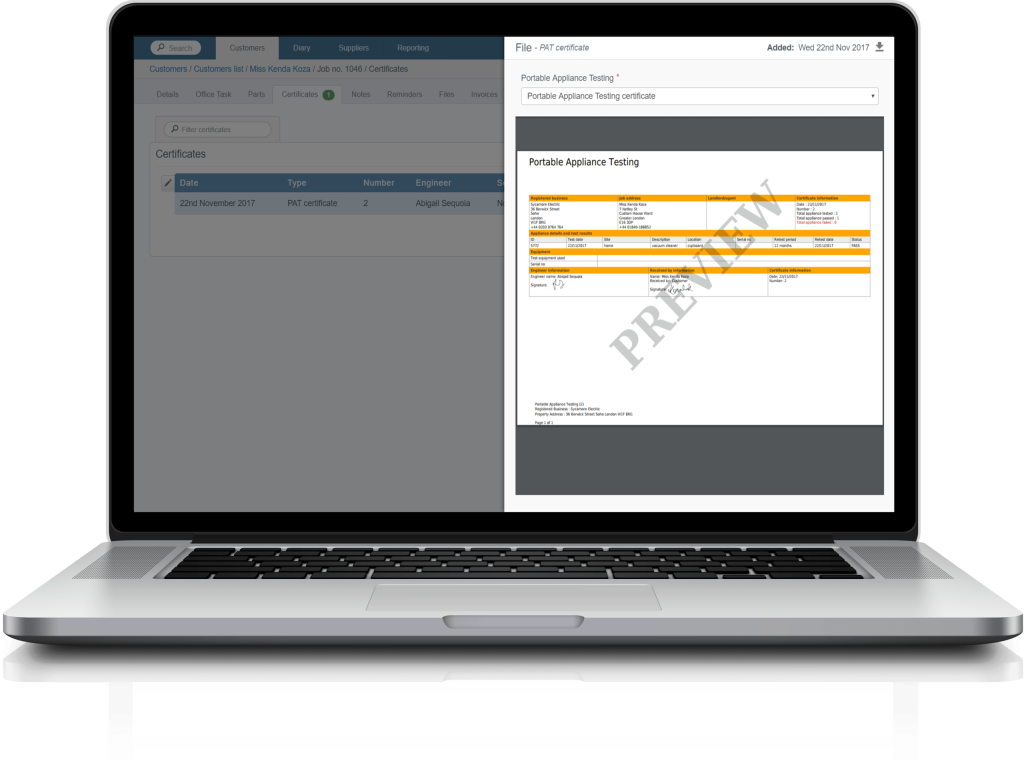 commusoft's pat testing certificate software