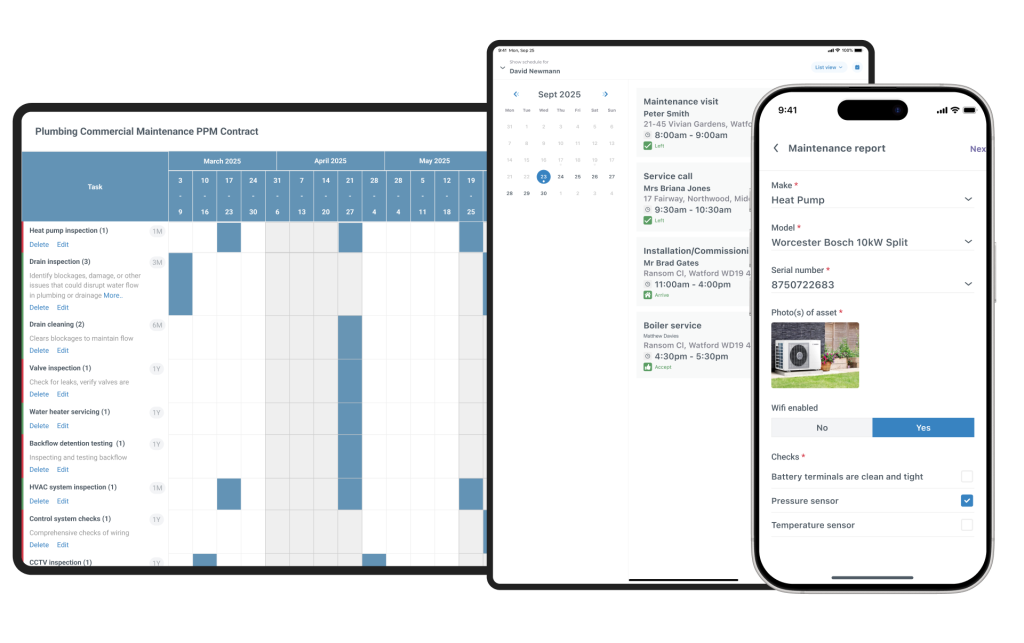 Maintenance contract schedule on desktop/tablet, and report on mobile