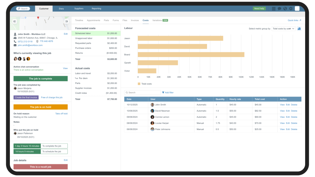 Job costing overview on customer profile