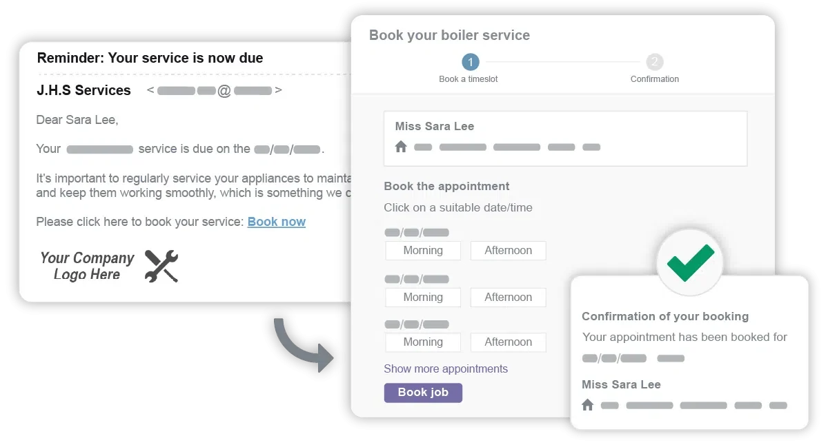 Service reminder email and online booking form for a boiler service