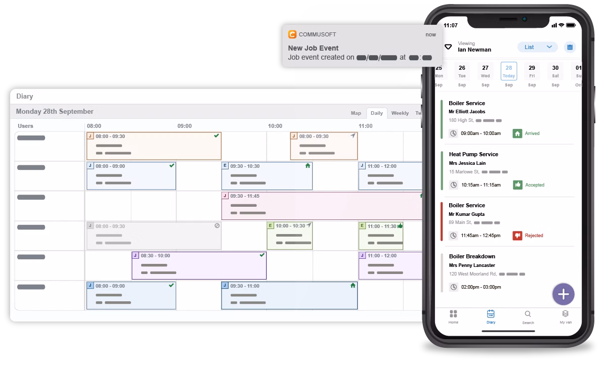 Web and mobile view of job diary