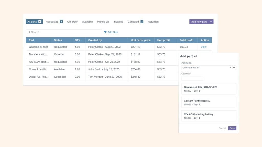 Purchase parts from vendors
