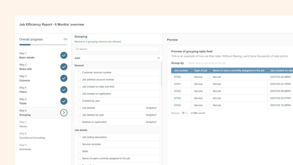 Grouping fields in Commusoft Analytics tabular report builder